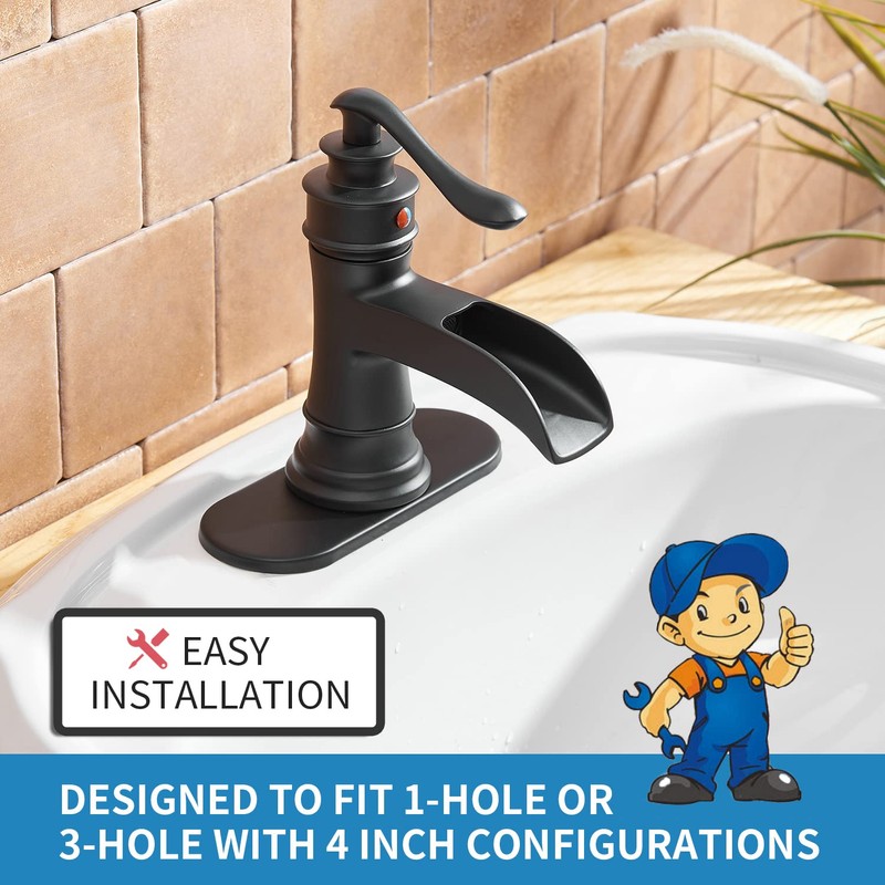 BWE Waterfall Bathroom Faucet Matte Black Bathroom Sink Faucet with