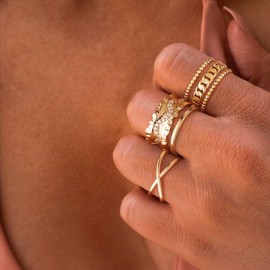 GNIRTSI Gold Lava Ring for Women Wave Line Diamond Cubic Zirconia 14K Gold Plated Minimalist Stack 10MM Wide Irregular Band Finger Jewelry Size 7