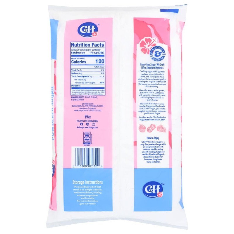 C&H, Pure Cane, Powdered Sugar, 32oz Bag (Pack of 2)
