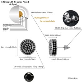 TOPGRILLZ Screw Back Earrings 14K Gold Plated 5A+ Cubic Zirconia Cluster Round Screw On Stud Earrings For Men Women Aretes De Hombre-Big Black