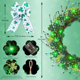 Enhon St. Patrick's Day Decorations, 16in St. Patrick's Day Wreath for Front Door, Lighted Shamrock Clover Wreath with Bow & LED Lights, Waterproof Artificial Spring Decor for Home Porch Wall