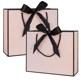 AZOWA Pink and Black Gift Bags with Handle 2 Pcs Bow Ribbon Paper Bags for Wedding Baby Shower Birthday Party Guests Shopping (Pink, 12.5 x 10 x 4 in)