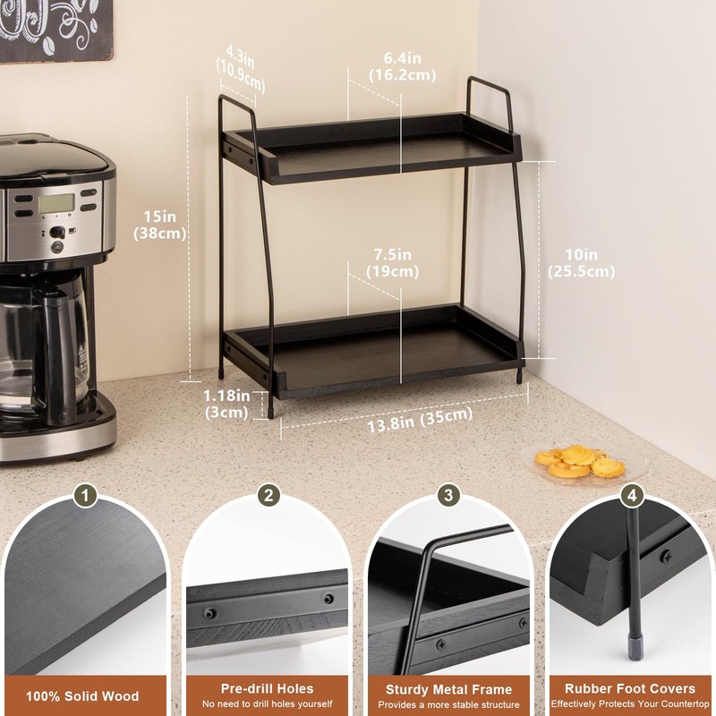 ANBOXIT 2-Tier Coffee Station Organizer, Wooden Kitchen Counter Shelf -