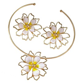 Juego de collar de flores delicadas y arete, diseño floral, diseño bohemio, para mujer, para madre, Middle, Metal, Sin piedra preciosa