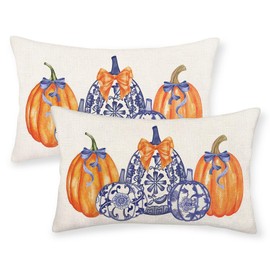 Yxuiyal Fall Pillow Covers 12x20 Set of 2 Orange Blue Chinoiserie Pumpkin Throw Pillow Covers Outdoor Decoration Autumn Decor Pumpkin Pillowcase Farmhouse Decorative Linen Cushion Case for Home Sofa