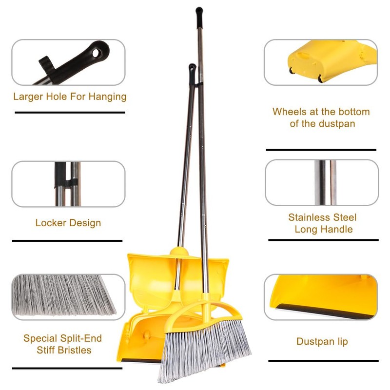 Long Handle Heavy Duty Broom and Dustpan Set, Outdoor and