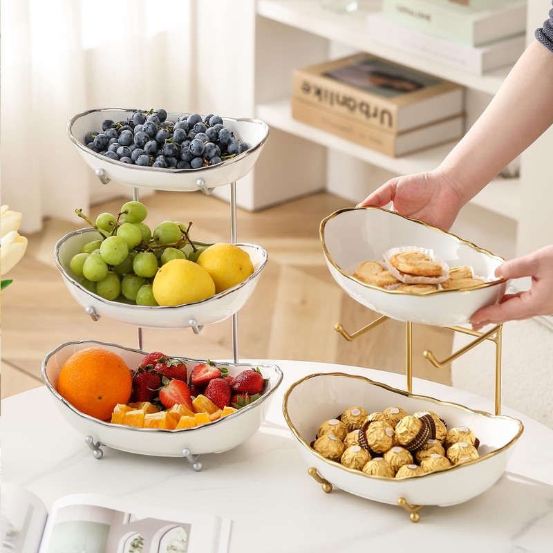HOMKULA 2 Tier Ceramic Fruit Bowl for Kitchen Counter, Tiered