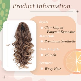 Ponytail Extension, 26 Inch Long Pony tails Hair Extensions for Women Wavy Curly Claw Clip Ponytail Fluffy Natural Fake Pony tail Hair Pieces for Women (Dark Ash Blonde with Golden Ends, 26 Inch)