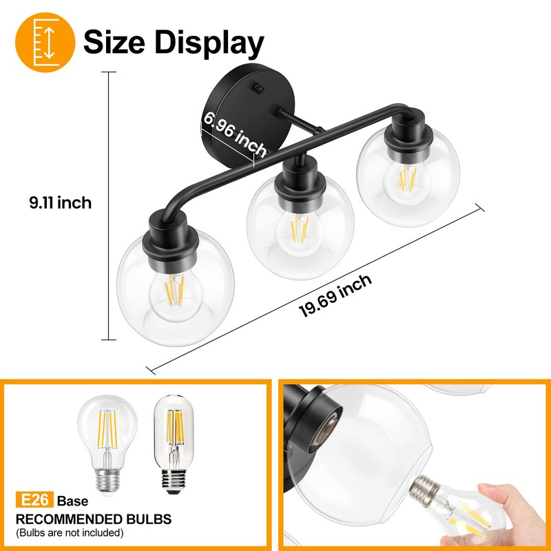 Bathroom Light Fixtures Black Vanity Light, 3 Light Modern Wall