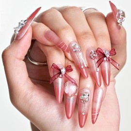 GLAMERMAID 10 Pcs 3D Luxury Handmade Press on Nails Long Almond, Ombre Pink Acrylic Fake Nail with Rhinestones Charms, Bowknot Nude False Nails Artificial Stick Glue on Nails, Size M