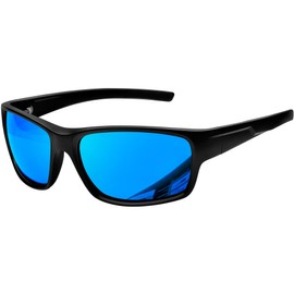 KANASTAL Blue Sports Sunglasses Mens Wrap Around Mens Mirrored Womens Polarised Rectangular Running Cycling SKiing Driving UV400 Protection - Matte Black Frame Blue Lens