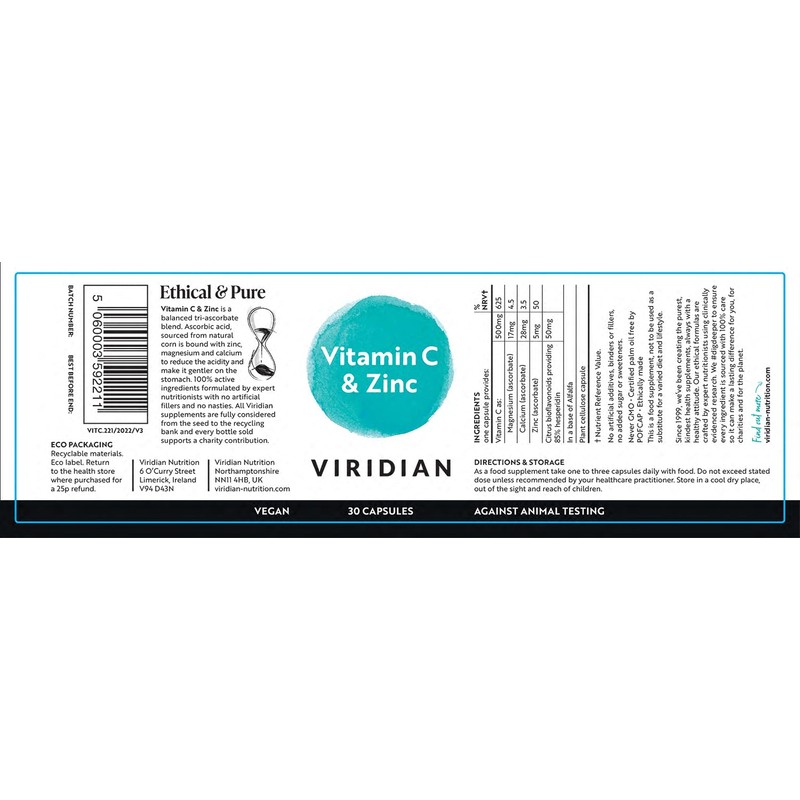 Viridian - Vitamin C 500mg & Zinc – 30 Caps