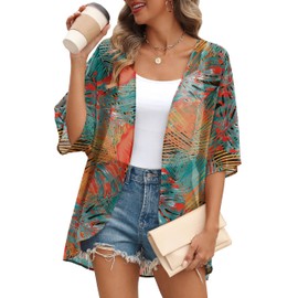 OFEEFAN 3/4 Length Sleeve Womens Tops Beach Cover Ups for Women Kimono Cardigans Resort Wear Tropical Leaves XL