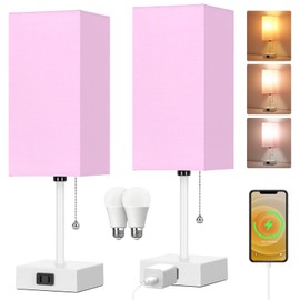 Table Lamp for Bedroom set of 2,3-Color Bedside Lamps with Pull Chain Table Lamps for Nightstand with AC Outlets,Small Night Light Lamps with 2 Bulbs Lamps for Living Room Kids Room Office Decor（Pink）