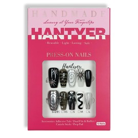 Hantyer Medium Coffin Press On Nails, Handmade Soft Gel Abstract Black White Grey Fake Nails with 3D Silver Swirls, Metallic Charms & Stud Accents, Reusable False Nails Kit, 10PCS (Size S)
