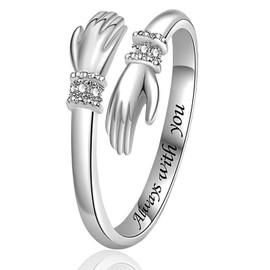 Sterling Silver Hug Rings for Women, Hugging Hands Adjustable Open Ring Engraved Words Ring Symbol of Love Sister Gifts, Perfect for Daughters Mom Wife Friends Mother's Day, Friendship Jewelry Gift
