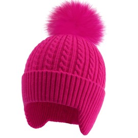 BAOPLAYKIDS Toddler Winter Hat Warm Knit Kids Hat with Earflap Pom Pom Beanie Knit Cap Girls Boys Hot Pink Ages 3-8 Years