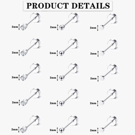 Tiny Surgical Steel Silver Stud Earrings for Men Women,Comfy Screw Back Flat Back Stud Earrings CZ Dot Ball Small 2mm Stud Earrings Set 20G