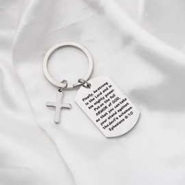 FUSTMW Christian Keychain Bible Verse Gifts Armor of God Cross Charm Ephesians 6:10 Religious Jewelry Confirmation Gifts (silver)