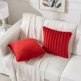 BBiggood Christmas Red Throw Pillow Covers 16x16 Set of 2, Velvet Striped Decor Cushion Covers with Back Faux Rabbit Fur Pillow Covers, Home Decor Pillow Covers for Couch Sofa Livingroom.