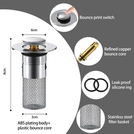 Pack of 2 Sink Plugs, for 34-40 mm Drain Drain Plug Strainer Removable, Drain Plug Sink with Hair Strainer, Drain Plug Sink with Hair Strainer for Bathroom and Kitchen
