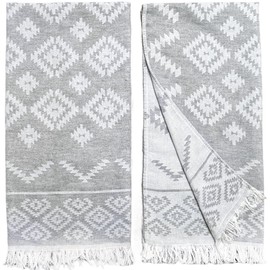 RAY SILVER Aztec Turkish Hand Towels Set of 2 100% Cotton Peshtemal Soft Feel 18 x 36 Light Weight Travel Camping Bath Sauna Beach Gym Pool Blanket Quick Dry Oversized Towel (Gray, Hand Towel)