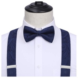 HISDERN Men's Braces 3.5 cm with 6 Extra Strong Clips in Y-Shape Elastic Length Adjustable 130 cm Bow Tie and Braces Set of 3 for Men, navy blue paisley