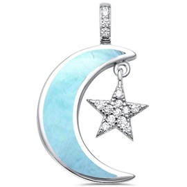 CloseoutWarehouse Natural Larimar Cubic Zirconia Crescent Moon Dangling Star Pendant Sterling Silver