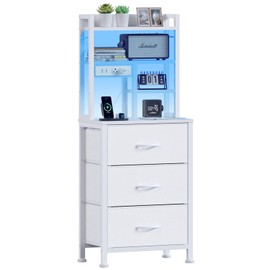 Furnulem Tall Nightstand with LED Lights and 3 Tier Shelves, Night Stand with 3 Fabric Drawers, 45.3inch Tall Bedside Tables with USB Ports and Outlets in Bedroom, Dorm, Office (White)