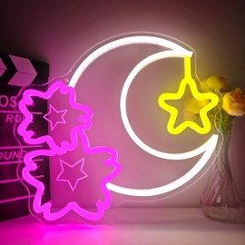 Cherry Blossom Light for Wall Decor Sakura Moon Neon Sign Dimmable Led Cherry Blossom Wall Art Moon Light Up Sign for Bedroom Girls Room Sakura and Star Lamp for Birthday Christmas Gifts
