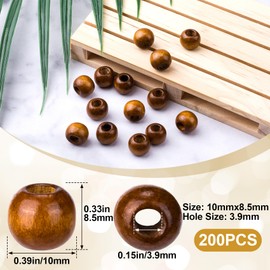 HINZIC 200pcs Medium-Coffee Wooden Beads, 9x10mm Large Hole Macrame Bead, Natural Wood Hair Bead, Round Loose Spacer Beads for Making Handmade Craft Bracelet Necklace