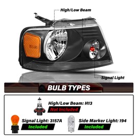 Bingbingmotor BRYGHT Headlight Assembly Fit for 04-08 F150 Pickup / 06-08 Mark LT Passenger and Driver Side (Black Housing with Amber Reflector)