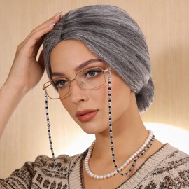 Tiwindx Old Lady Costume Outfit for Women Grandma Granny Wig Accessories Set for Old Women Halloween Cosplay