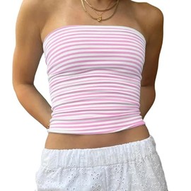 Muineobuka Women Y2k Striped Bandeau Tube Top Backless Sleeveless Contrast Color Crop Tube Top