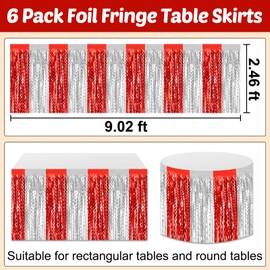 6 Pack 29x108 Inch Red Silver Wave Foil Fringe Table Skirts Metallic Banner for Tinsel Streamer Garland Backdrop for Parade Floats Wedding, Mother's Day, Birthday Mardi Gras Party Decorations