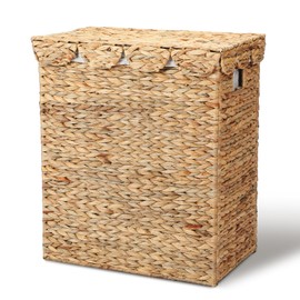 Leinuosen Large Scalloped Laundry Basket with Lid and Removable Liner Bag Natural Woven Water Hyacinth Laundry Hamper Rectangular Hamper for Clothes Towel Bathroom Bedroom, 19.69 x 11.81 x 23.62 Inch