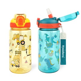 wooshwa Kids Water Bottle for School or Travel, 20 Oz 2 Pack Durable Plastic Water Bottle with Silicone Straw and Pop-Up Spout Cover, BPA Free & Dishwasher Safe(Excavator & Dinosaur)