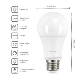 Linkind Linkind A19 LED Light Bulbs Dimmable, 100W Equivalent, 2700K Soft White, 15.5W 1600 Lumens 120V Bulbs, E26 Standard Base, UL Listed, Lighting for Bedroom Living Room Home Office,6 Packs