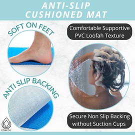 Enkosi Loofah Non Slip Shower Mat – Secure Anti Slip Bath Mat - Inside or Out, Tub, Walk-in Stall, Bathtub - Floor Safety Bathroom Mats – Cushioned, PVC, Quick Dry with Drain Holes (Blue 24x16)