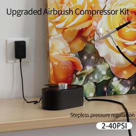 Airbrush Gun Kit with Air Compressor - Small Plug-in Dual-Action Spray Paint Gun, Includes 0.2/0.3/0.5mm Nozzles for Nail Art, Furniture Repair & Artistic Painting (Upgrade Set)