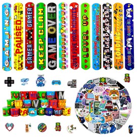 MORAINJAY 36Pcs Games Slap Bracelets and 50Pcs Stickers,Games Slap Bands for Party Bag Fillers,Games Kids Birthday Party Favors,Goodie Candy Bag Stuffers for Girls Boys Games Party Suppplies