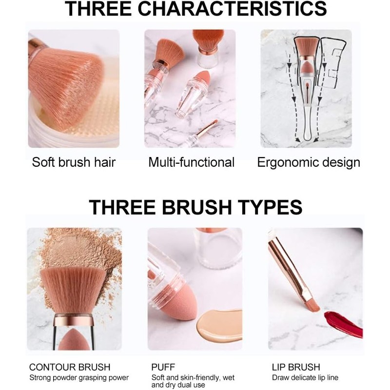 Brocha Cosmética Multifuncional 3 en 1, Base en Polvo, Corrector,