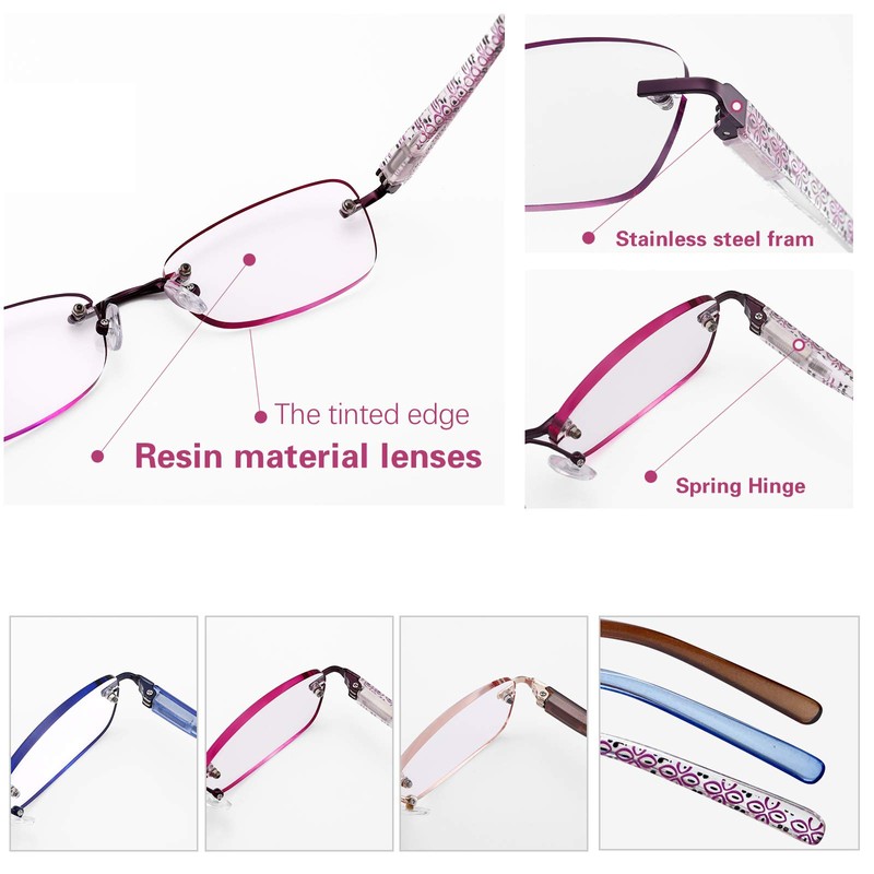 3-Pack Rimless Reading Glasses For Women, Lightweight Spring Hinge Readers,