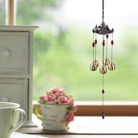 Campana de Viento Tradicional China con 5 Piezas Campanas Color Bronce y Cuentas Campanas de Viento Colgantes para Patio Interior al Aire Libre Jardín Balcón Decoración Resistente al Viento