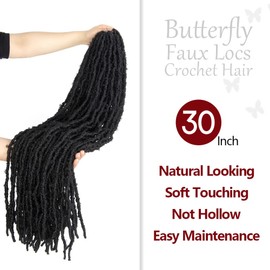 Long Butterfly Locs Crochet Hair 30 Inch 8 Packs Light Weight & Soft Distressed New Faux Locs Pre-looped,1B(Natural Black)