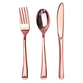 Juego de cubiertos de plástico de oro rosa, 75 piezas, reciclable, reutilizable, 25 tenedores, 25 cucharas, 25 cuchillos, ideal para bodas, aniversari
