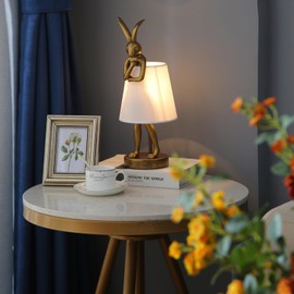 RUIQBMAY Bunny Table Lamp, Resin Animal Rabbit Lamp, LED Bunny Decor Lamp with Fabric Shade, Vintage-Style Component,Suitable for Office Study and Bedside (White H15.7)