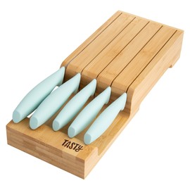 Tasty In-Drawer Kitchen Knife Set, Space-Saving Cutlery and Kitchen Organizer, Includes Chef, Bread, Santoku, Utility and Paring Knives, 6-Piece, Aqua