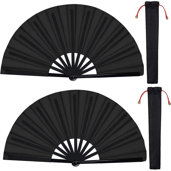 Pack of 2 Large Foldable Silk Hand Fan Chinese Tai Chi Folding Hand Fan Nylon Cloth Chinese Kung Fu Fan with Holder Sleeves for Performance Dance Decorations Festival (Black)