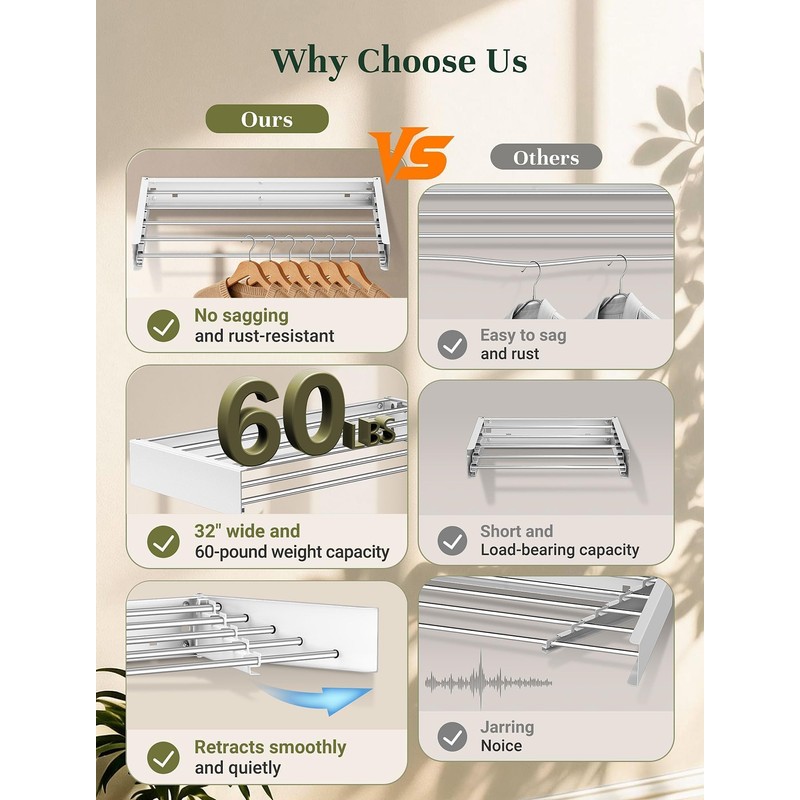 32'' Wall Mounted Clothes Drying Rack, Foldable & Collapsible Wall